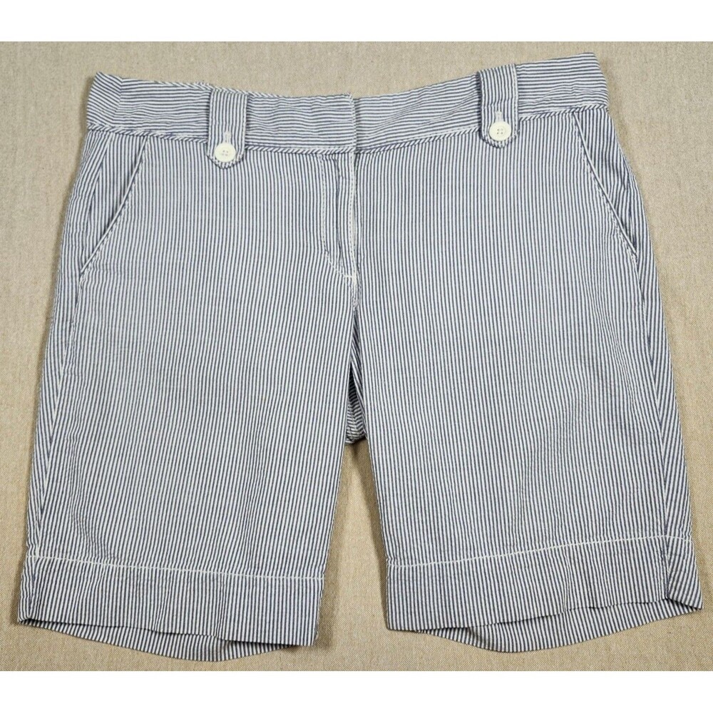 Loft Petites 100% Cotton Seersucker Bermuda Shorts Blue White Stripe 8P